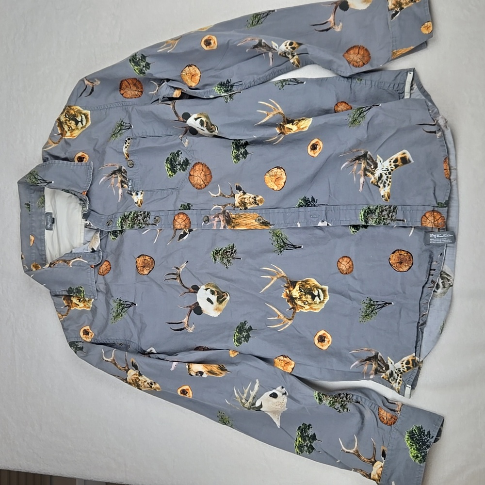 Lifted Research Group LRG Antler Button Up Shirt Size XL Gray Animals